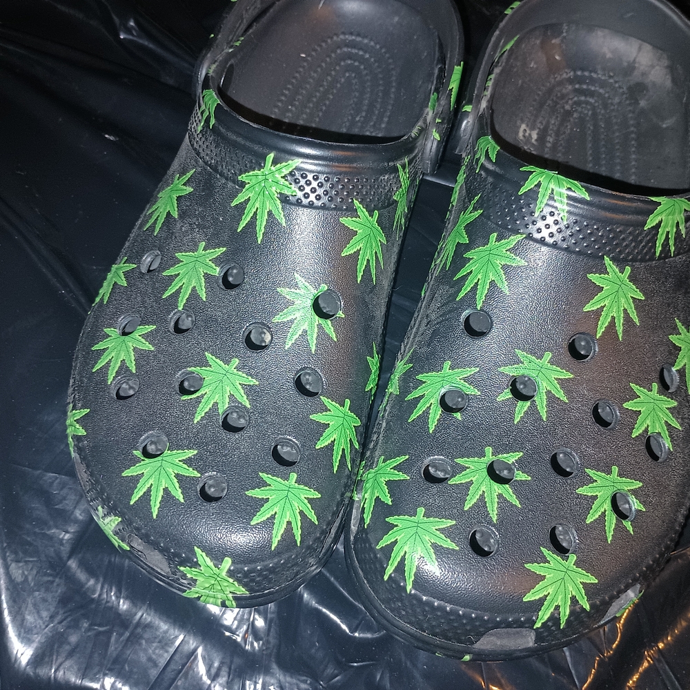 CROCS Black and Green Leaf Pattern Loafers